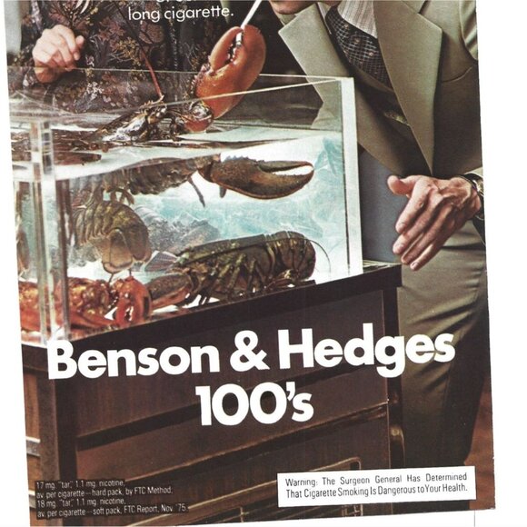 Benson & Hedges 100 Cigarette Ad Lobster 1970s Vintage Print Ad 9 inch Tall - Picture 3 of 4